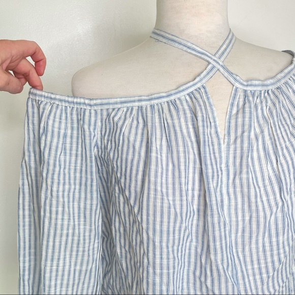 Lucky Brand Off Shoulder Strappy Tie Top Blue White Stripe Boho Medium Crop - Picture 2 of 13